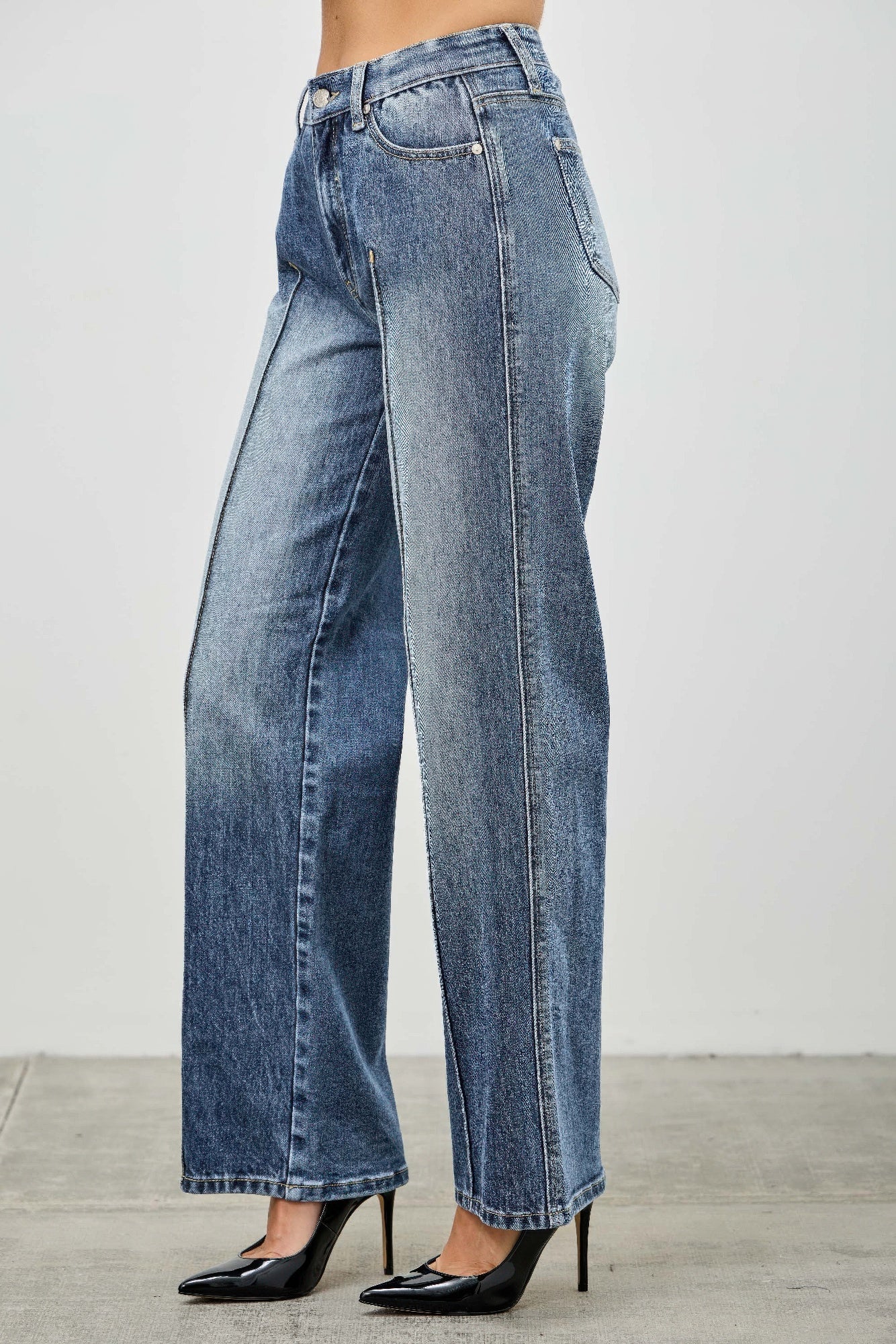 Blue mid-rise straight jeans, back view, belt loops and patch pockets