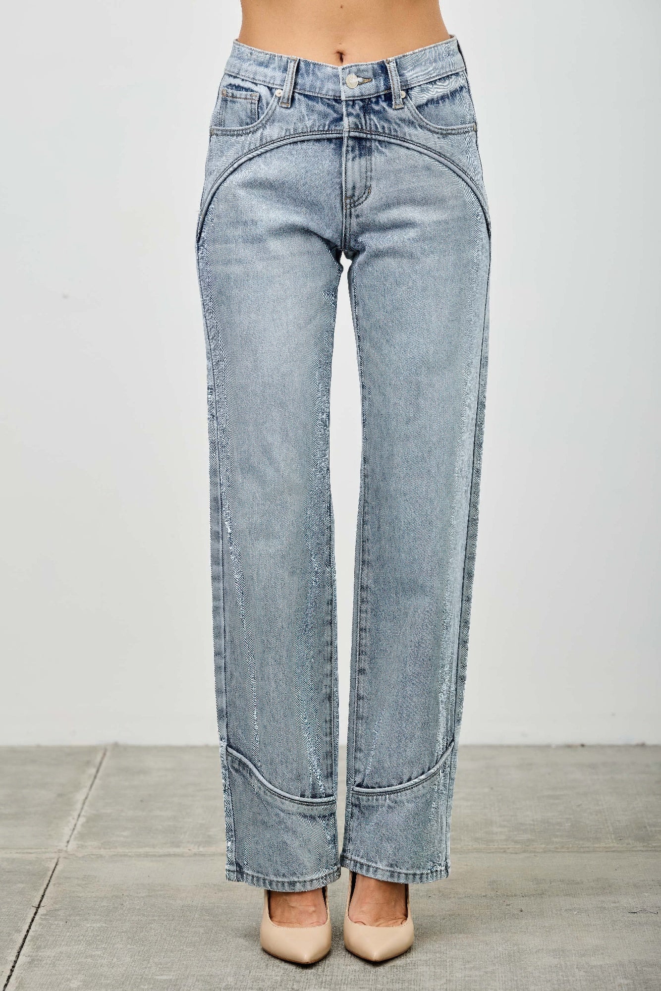 Mid-rise straight jeans with contrast piping, light-wash blue denim, front view