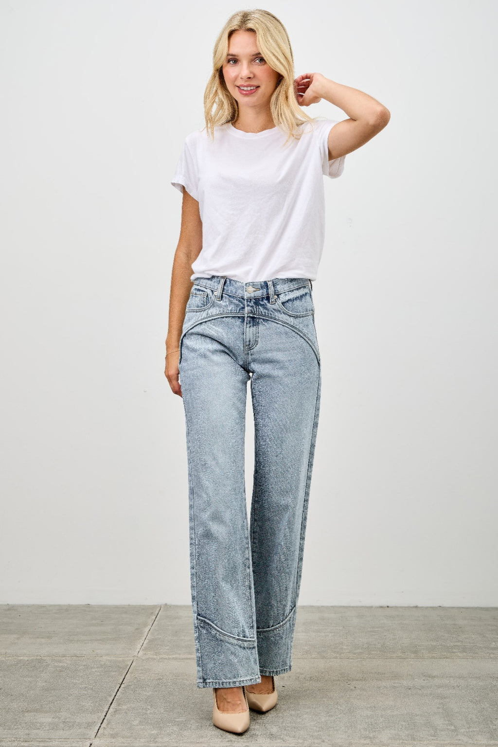 Mid-rise straight jeans with contrast piping, light-wash blue denim, full-length view