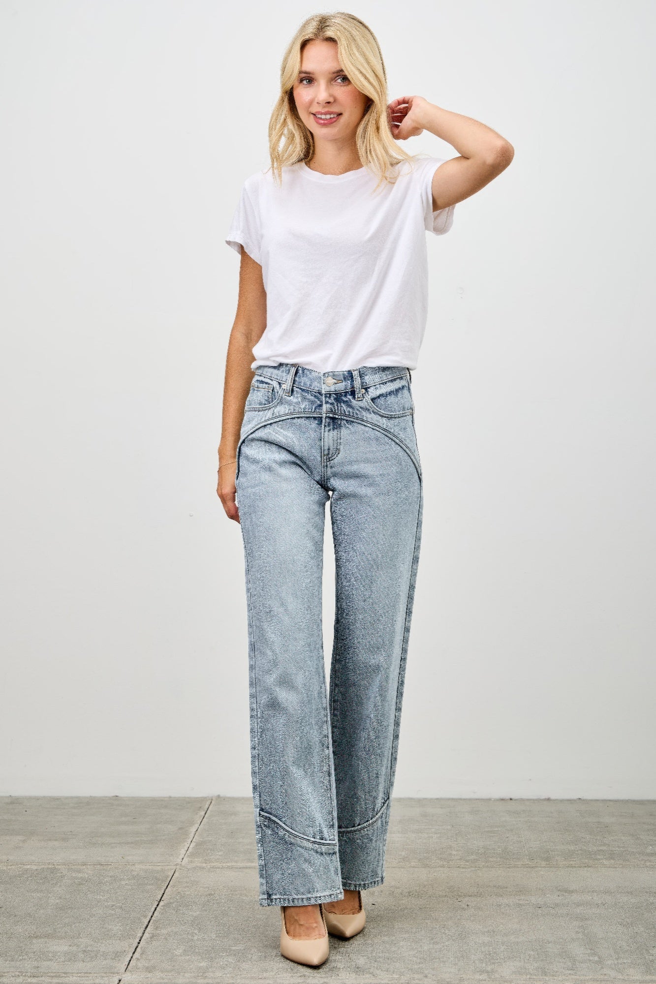 Mid-rise straight jeans with contrast piping, light-wash blue denim, full-length view