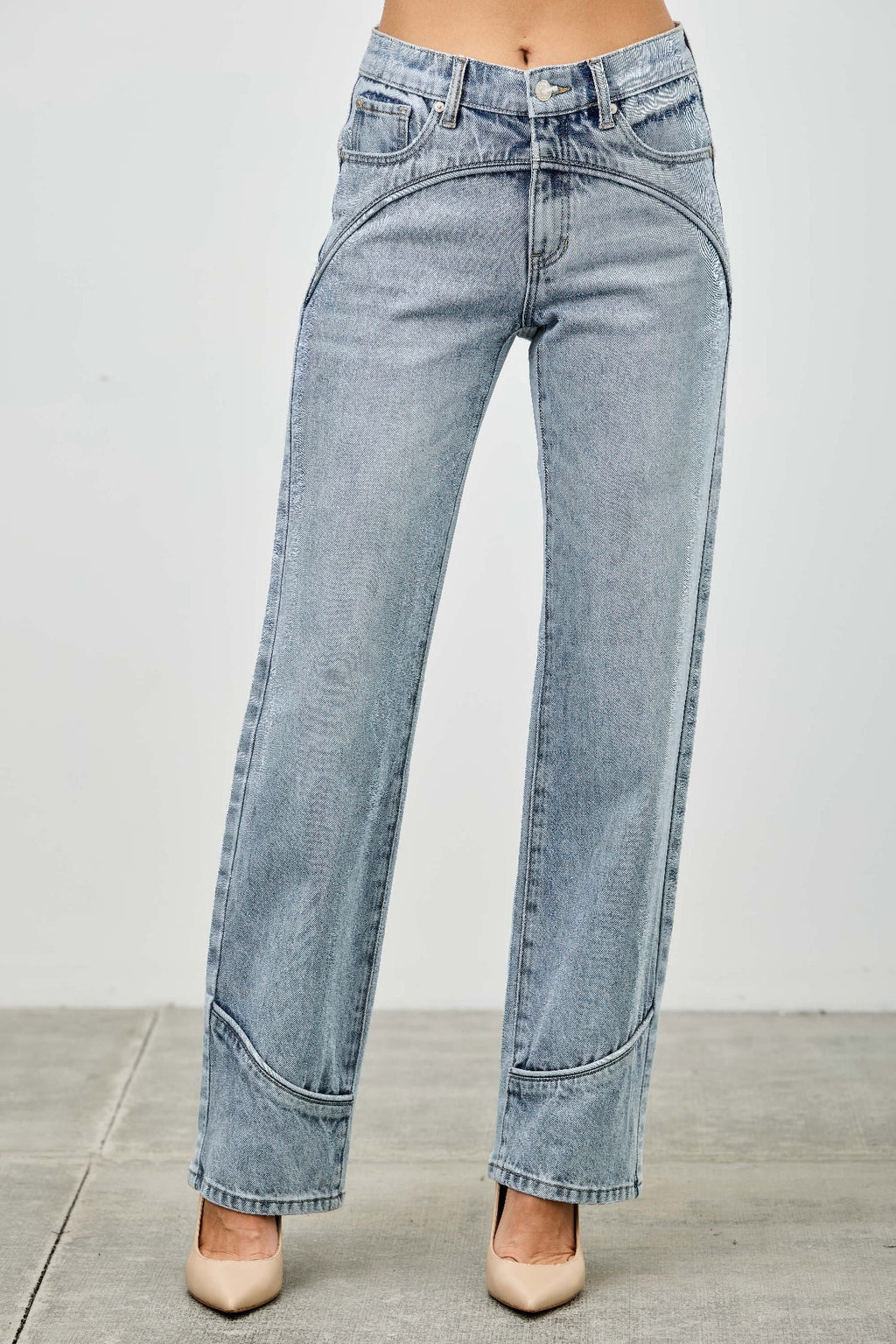 Mid-rise straight jeans with contrast piping, light-wash blue denim, back view