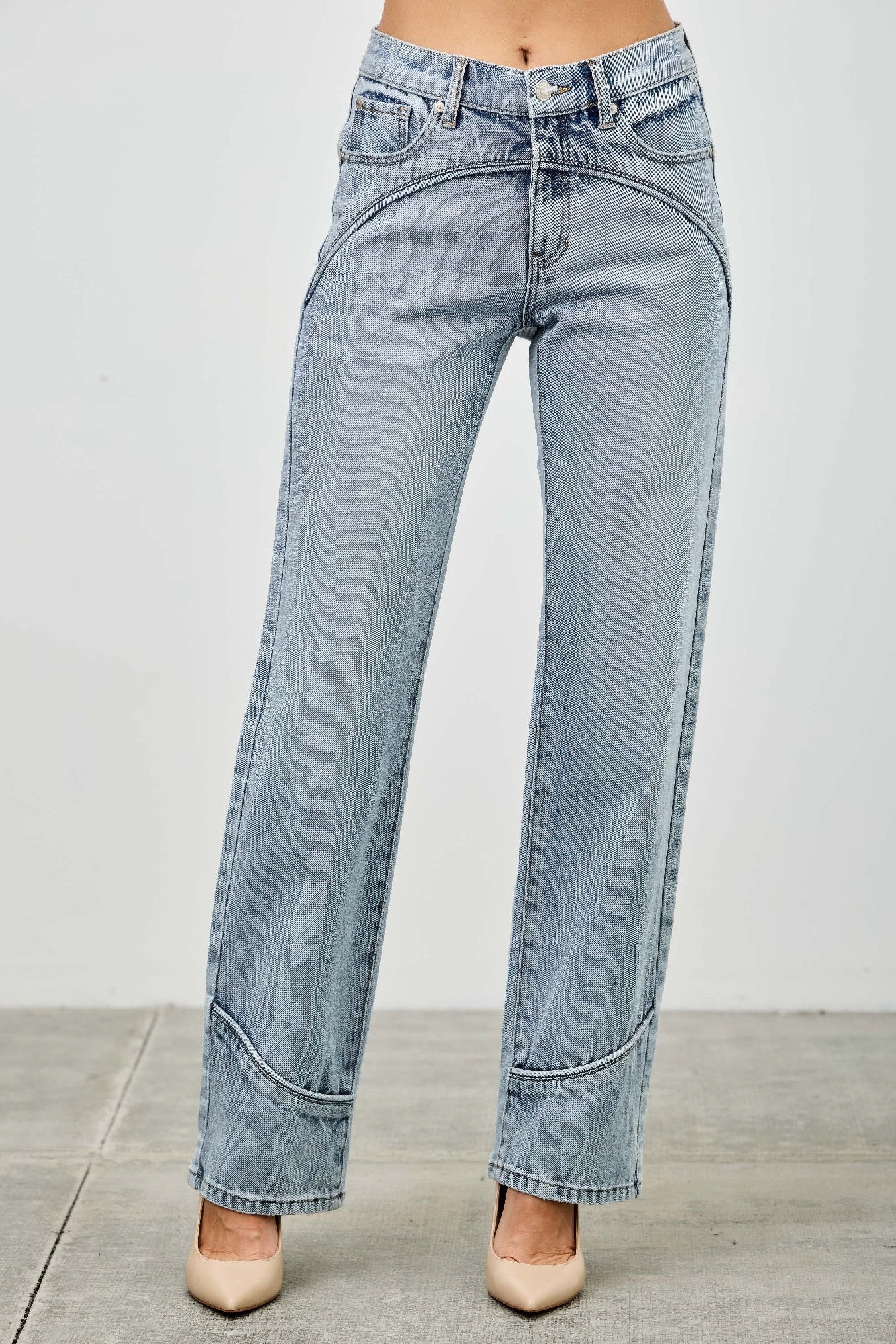 Mid-rise straight jeans with contrast piping, light-wash blue denim, back view