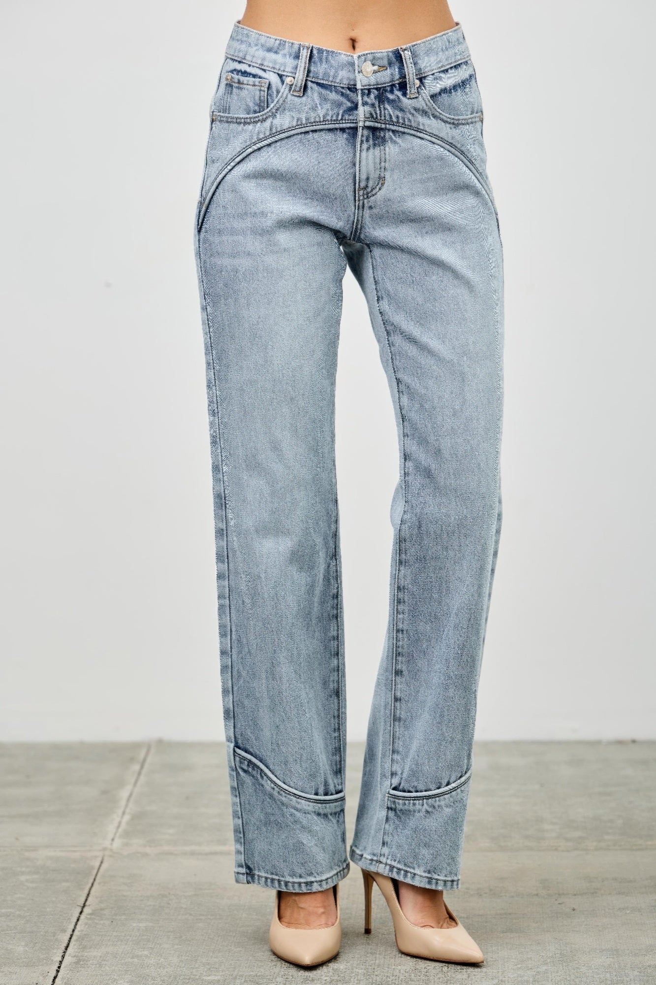Mid-rise straight jeans with contrast piping, light-wash blue denim, back close-up