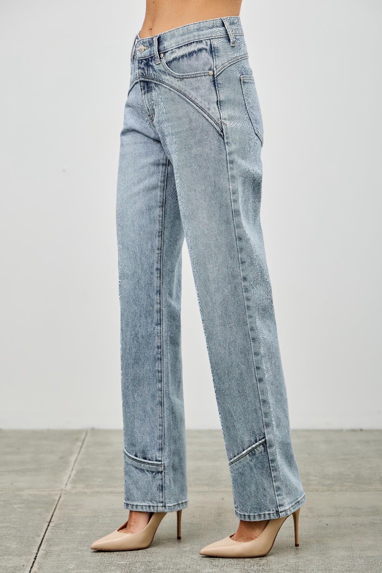 Mid-rise straight jeans with piping, light-wash denim back view with wide leg