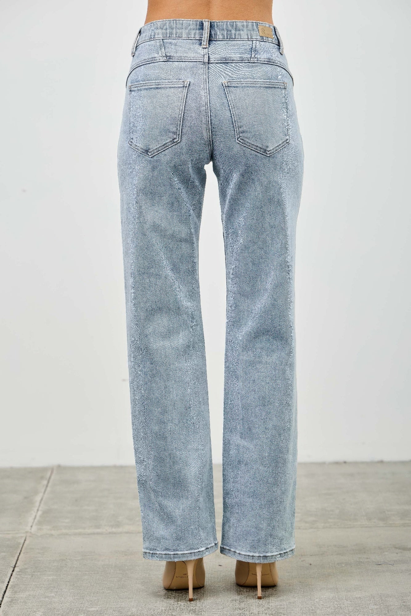 Mid-rise straight jeans with piping, light-wash denim back view with two pockets