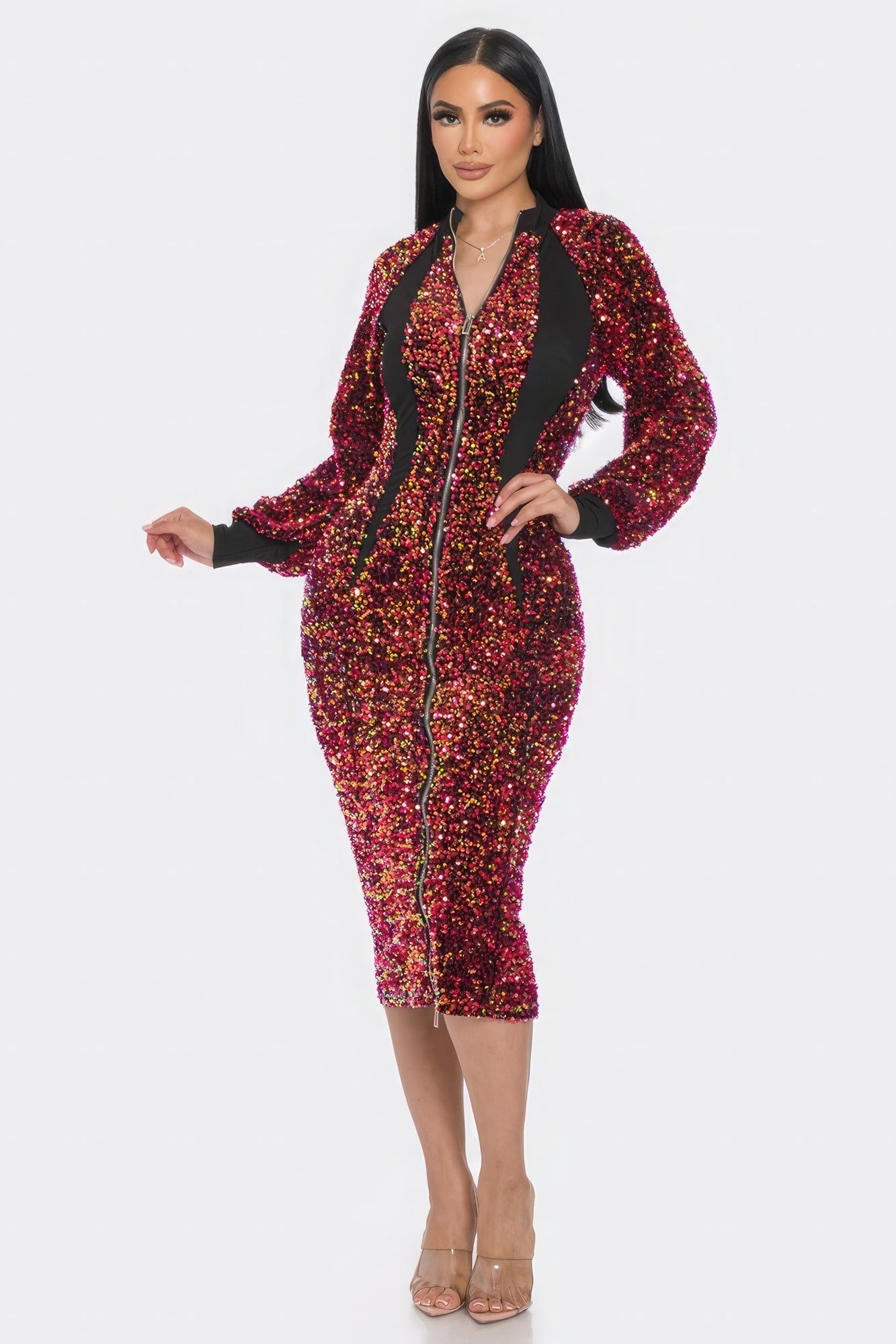 Midi sequin contrast dress with front zip, burgundy/gold sparkle and black side panels