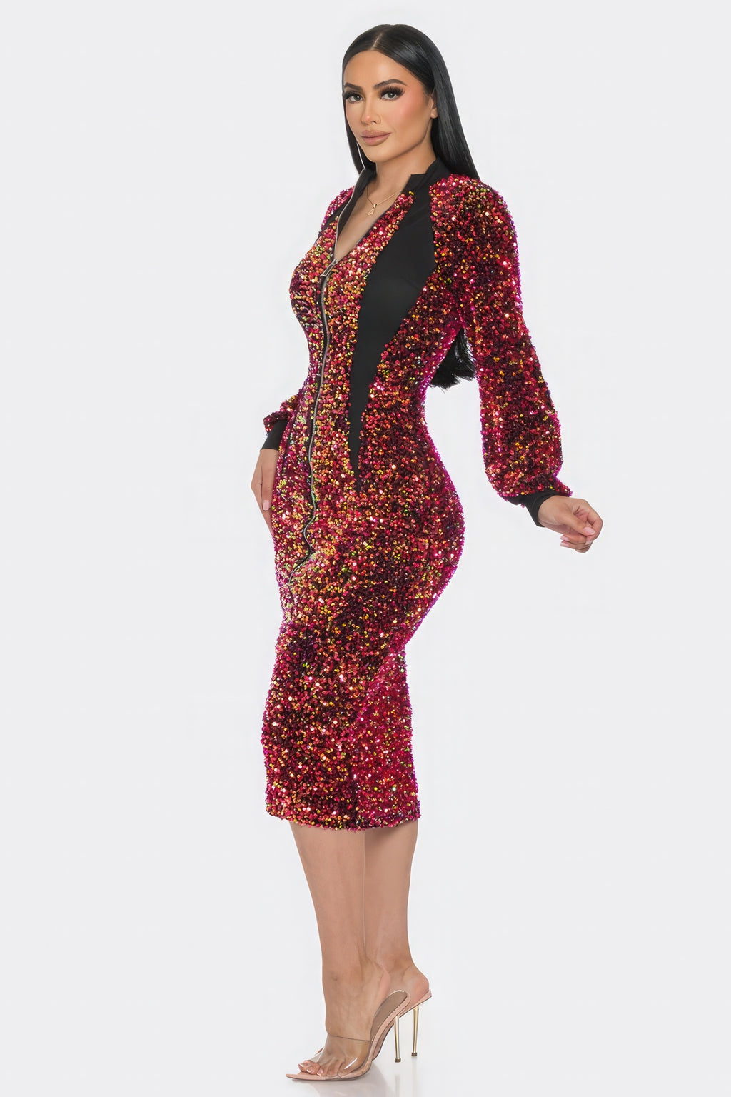 Side view of midi sequin contrast dress with long sleeves, front zip, red/gold sparkle