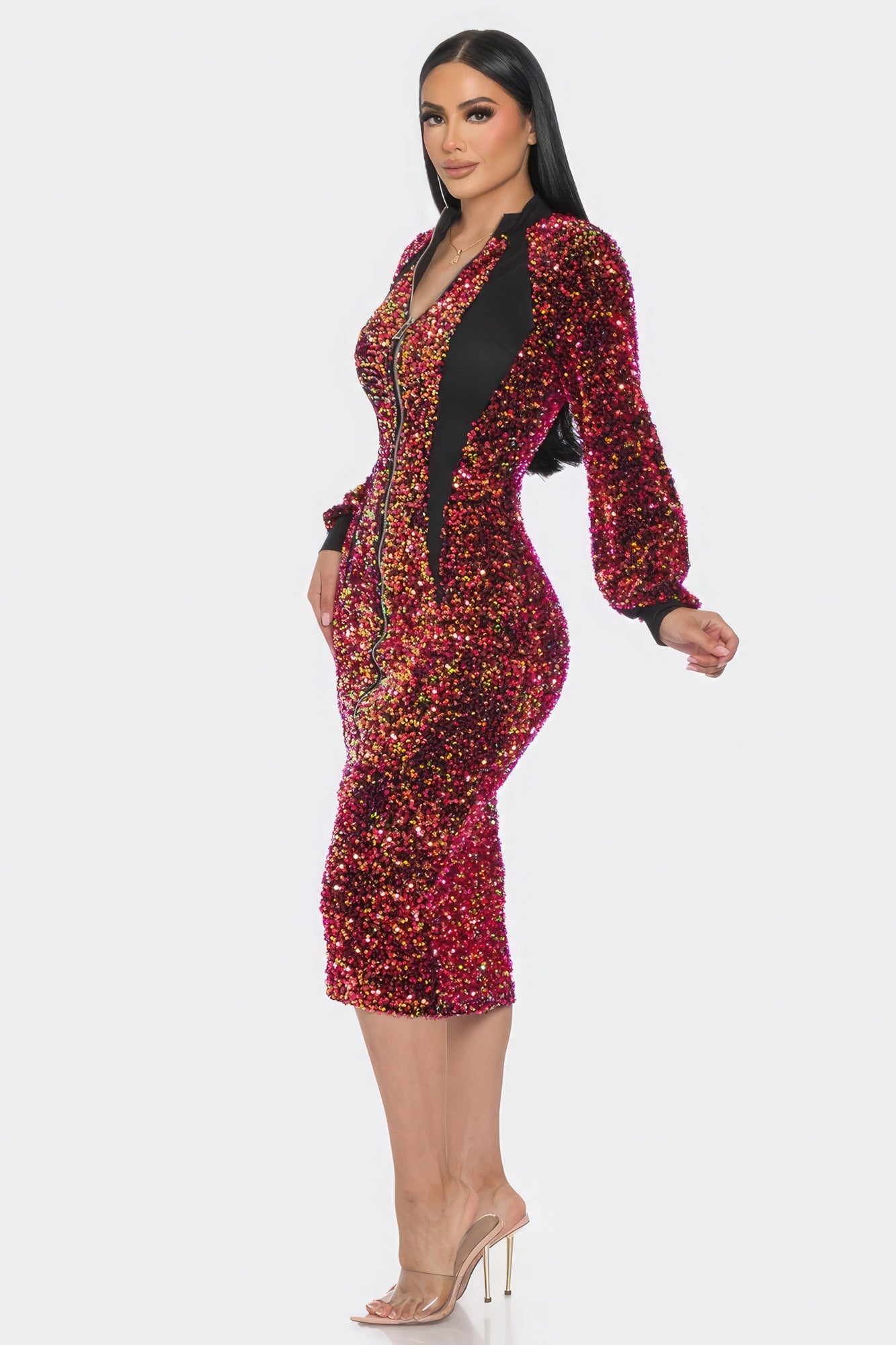 Side view of midi sequin contrast dress with long sleeves, front zip, red/gold sparkle