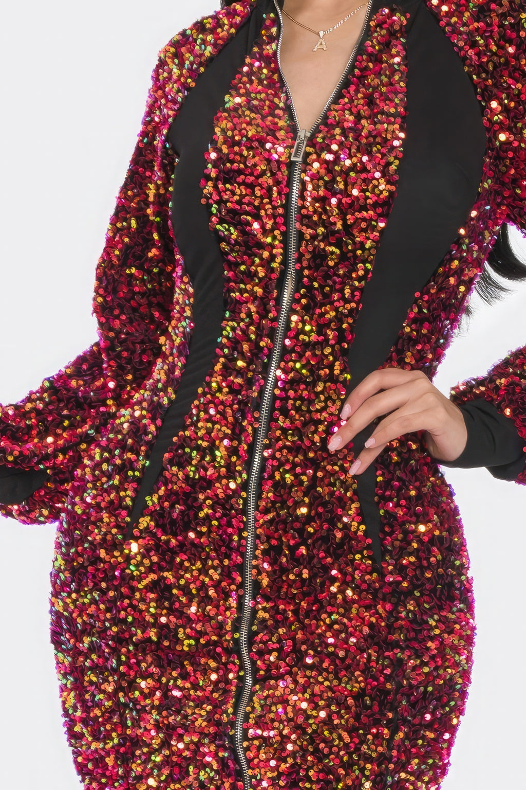 Sequin front zip midi dress with black contrast neckline and red/gold all-over sparkle