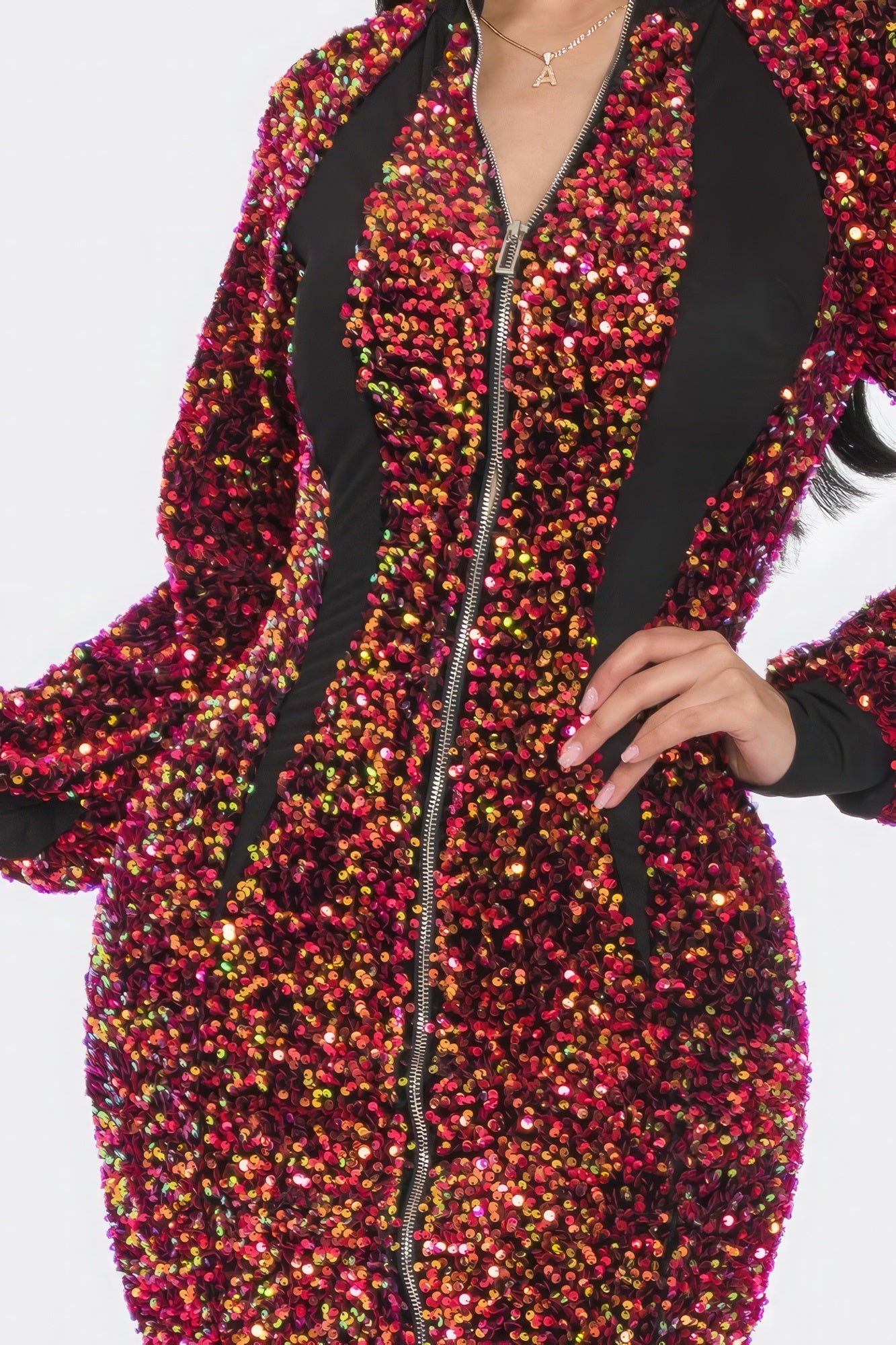 Sequin front zip midi dress with black contrast neckline and red/gold all-over sparkle