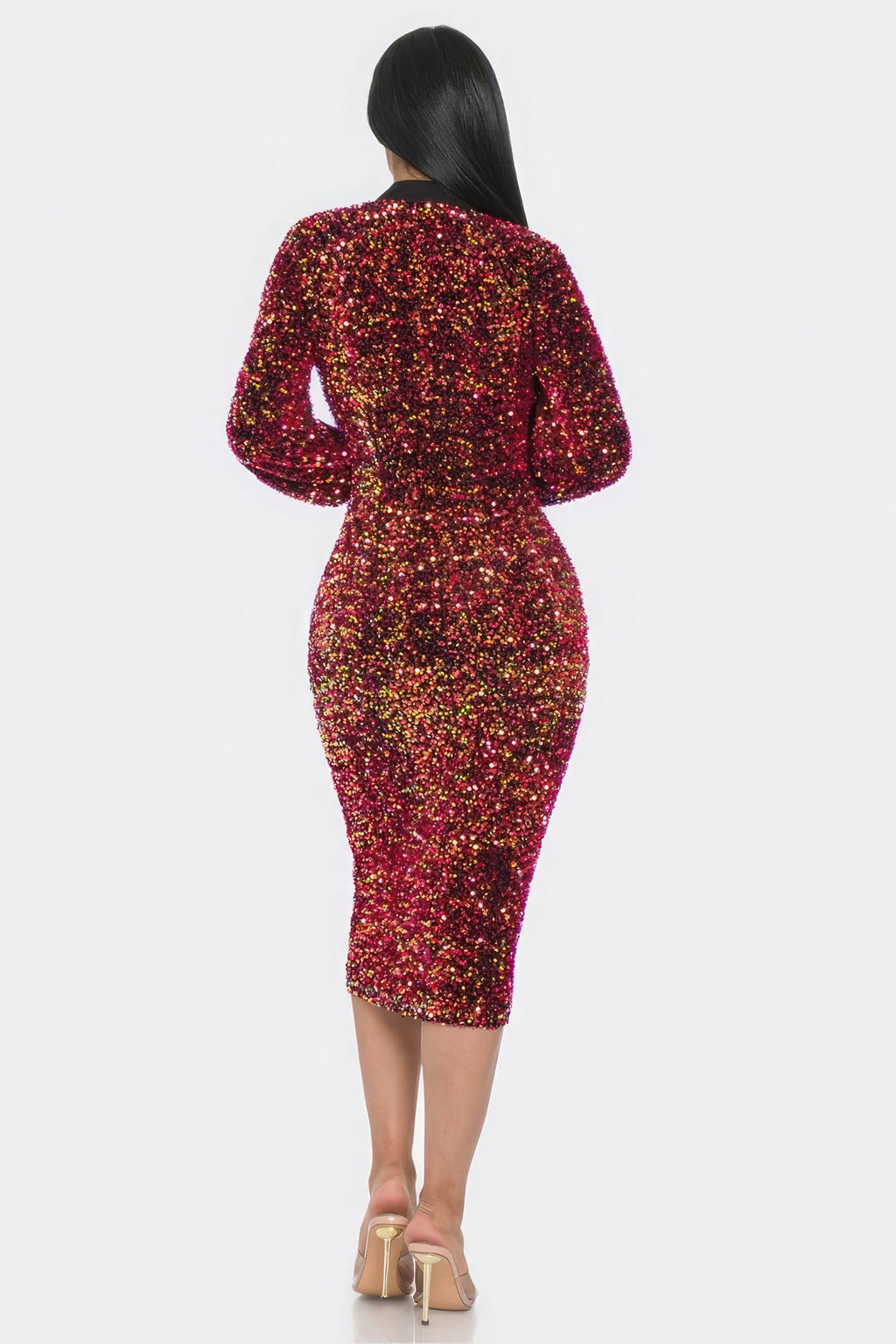 Back view of midi sequin contrast dress with full coverage and front zip detail