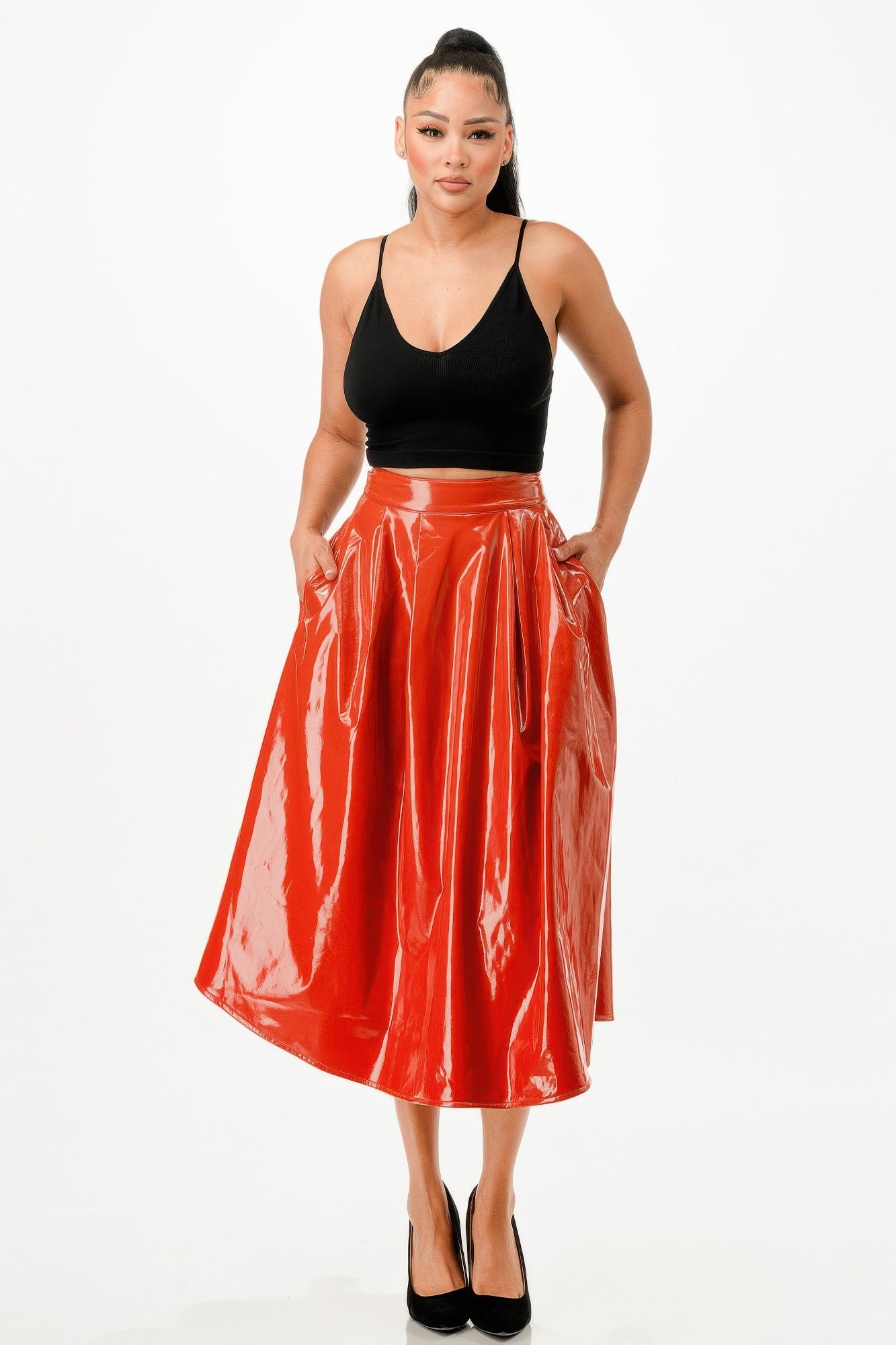 Midi skirt with gathered waist, glossy red vinyl look