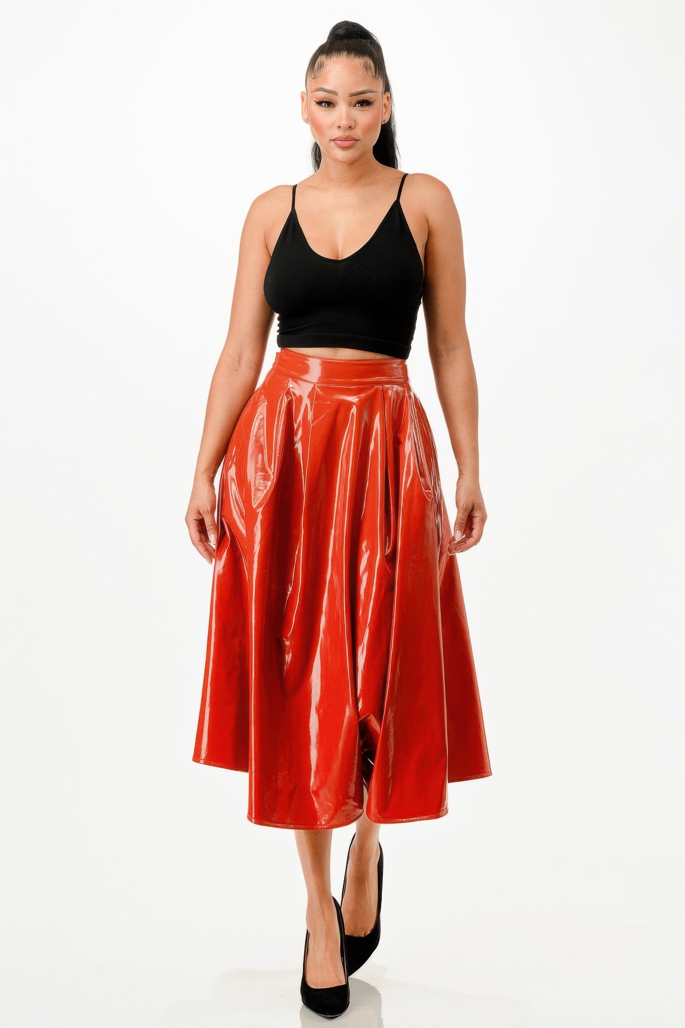 Midi skirt with gathered waist, glossy red flared skirt