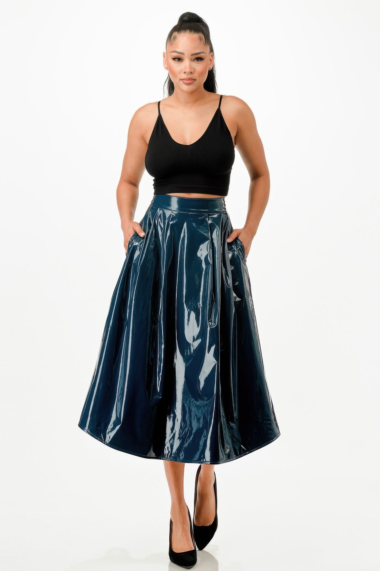 Midi skirt with gathered waist, glossy hunter-teal blue finish