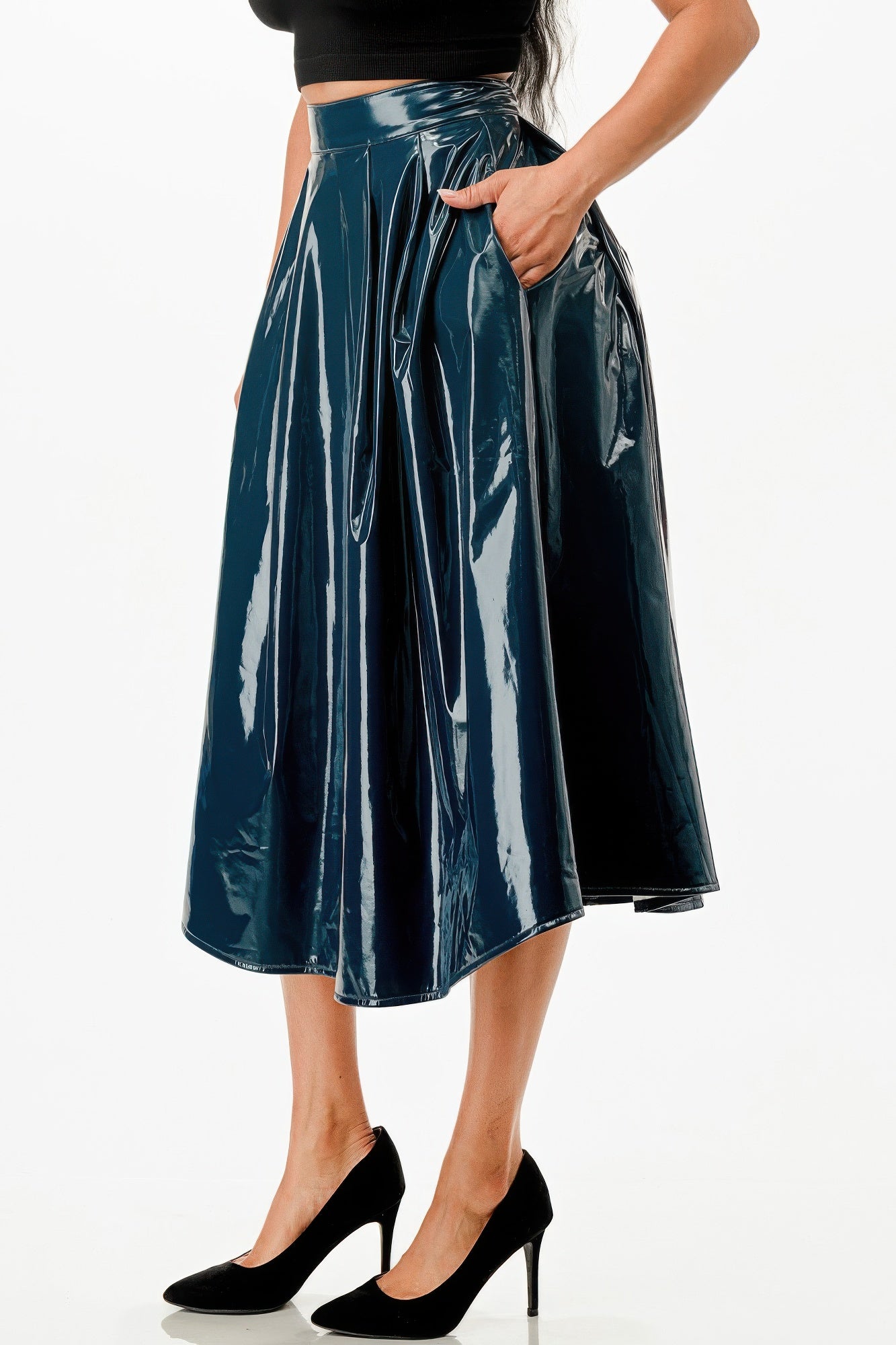 Glossy teal midi skirt with gathered waist and flared hem