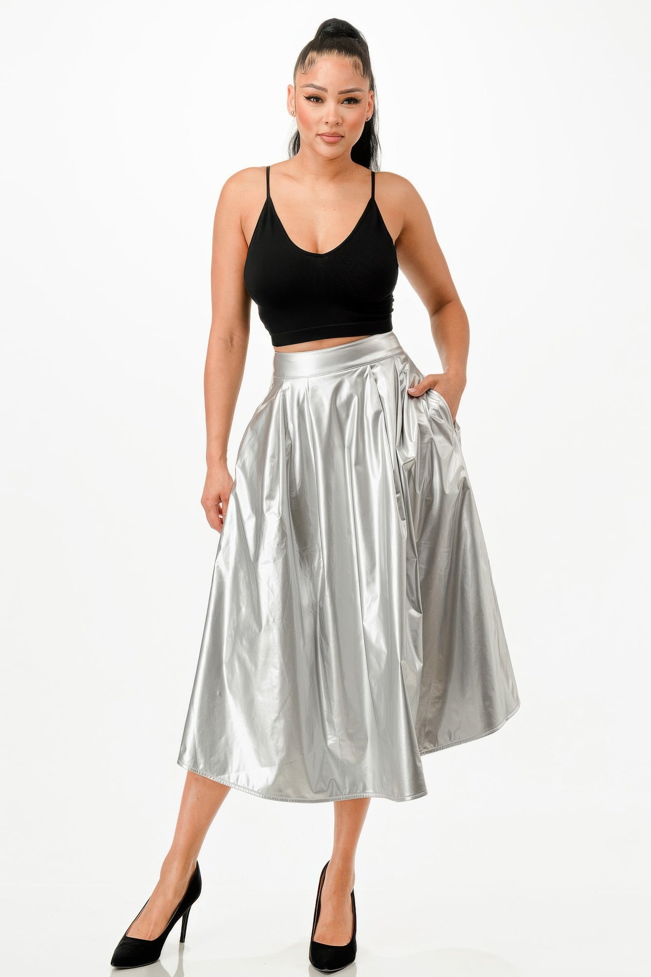 Midi skirt with gathered waist, shiny silver metallic finish