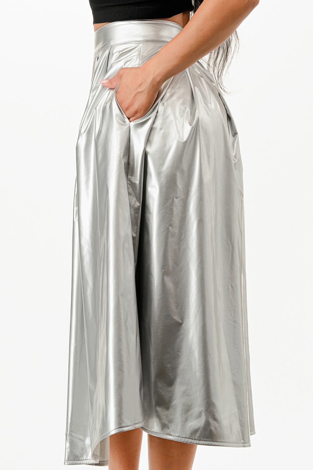 Silver metallic midi skirt with gathered waistband and wide A-line