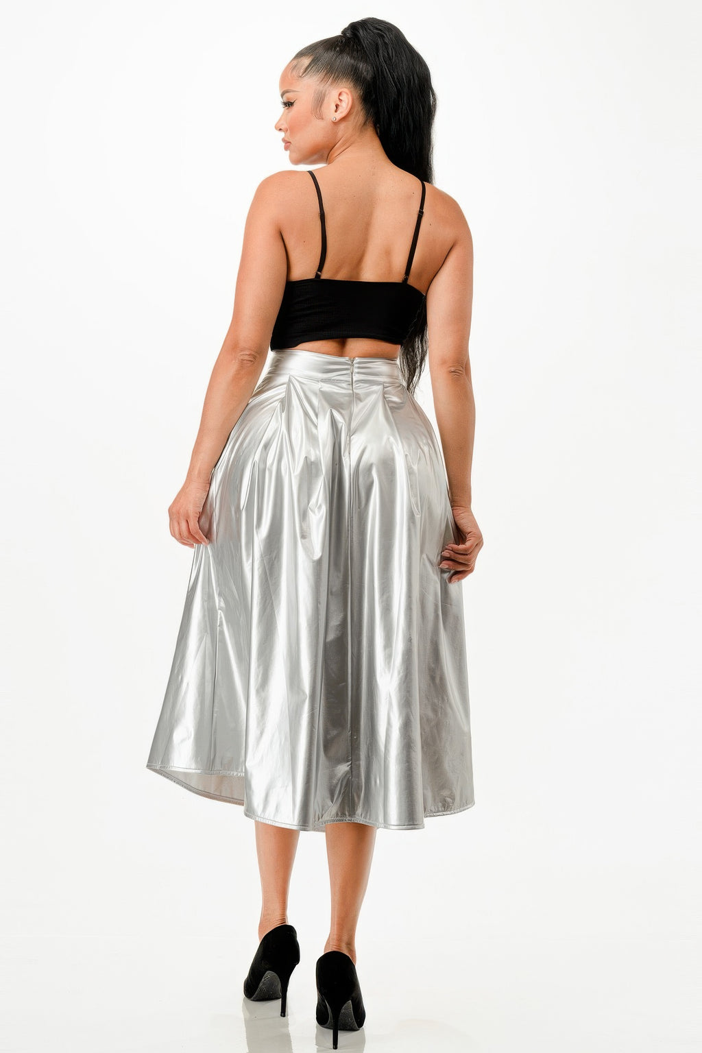 Back view: shiny silver midi skirt with gathered waist and flared hem