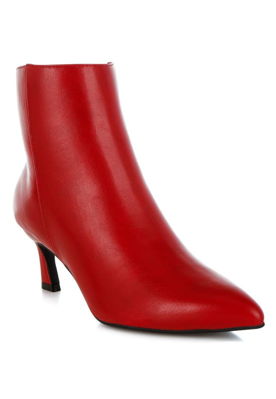 Red faux leather ankle boots with block heel and pointed toe