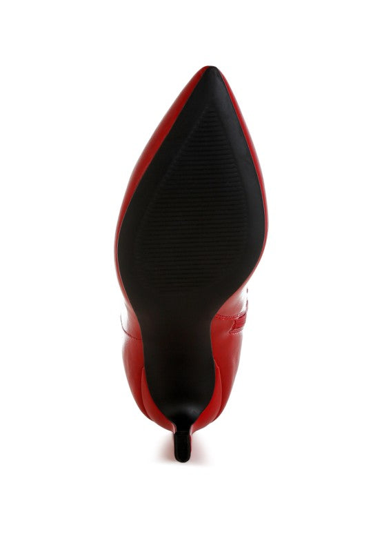 Red ankle boot heel and sole view with black insole lining