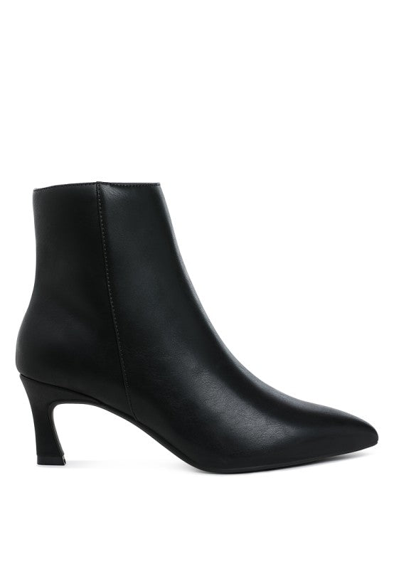 Black ankle boots with pointed toe and low block heel