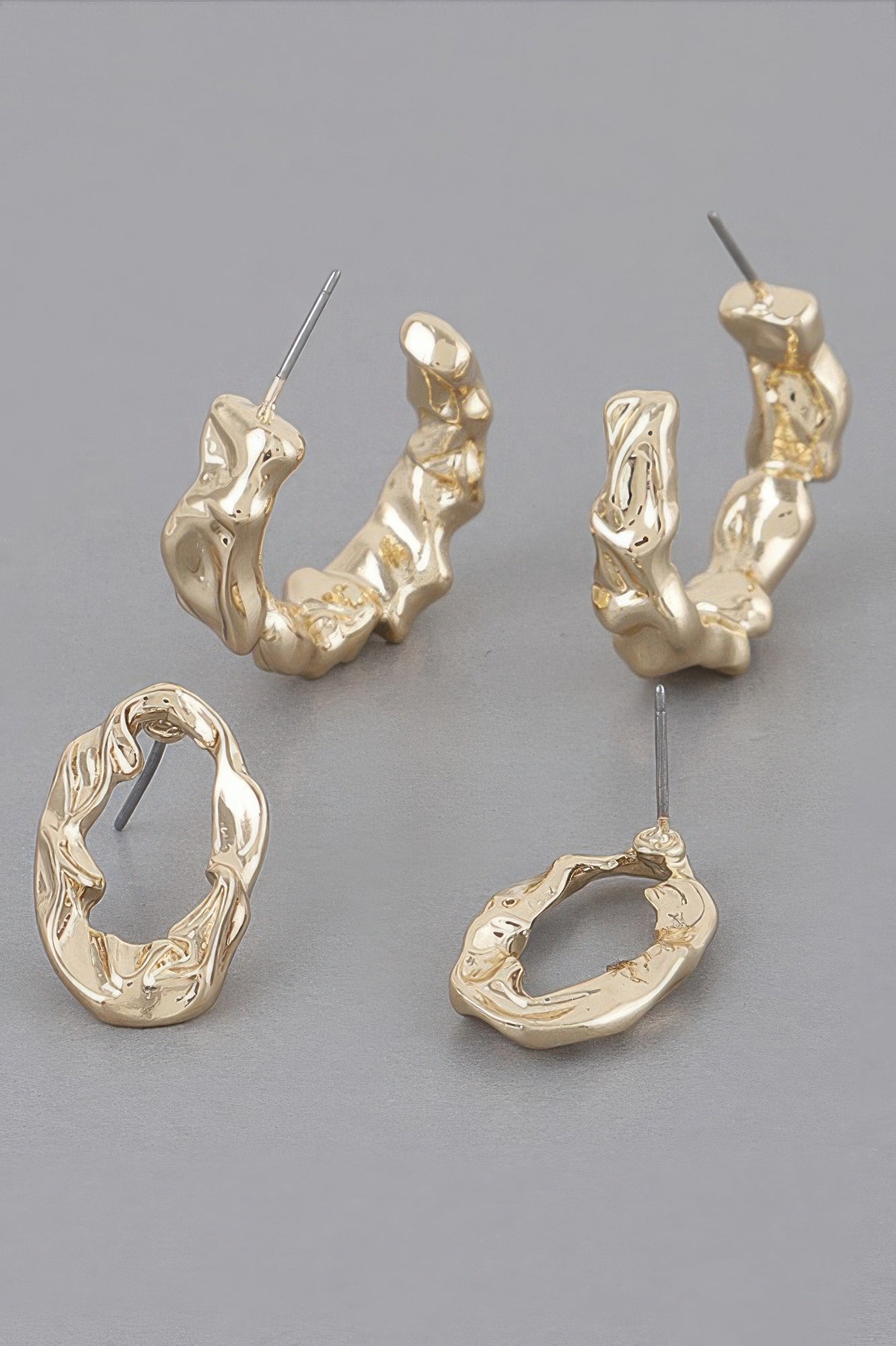 Mini textured latch hoop earrings set, gold-tone, varied shapes