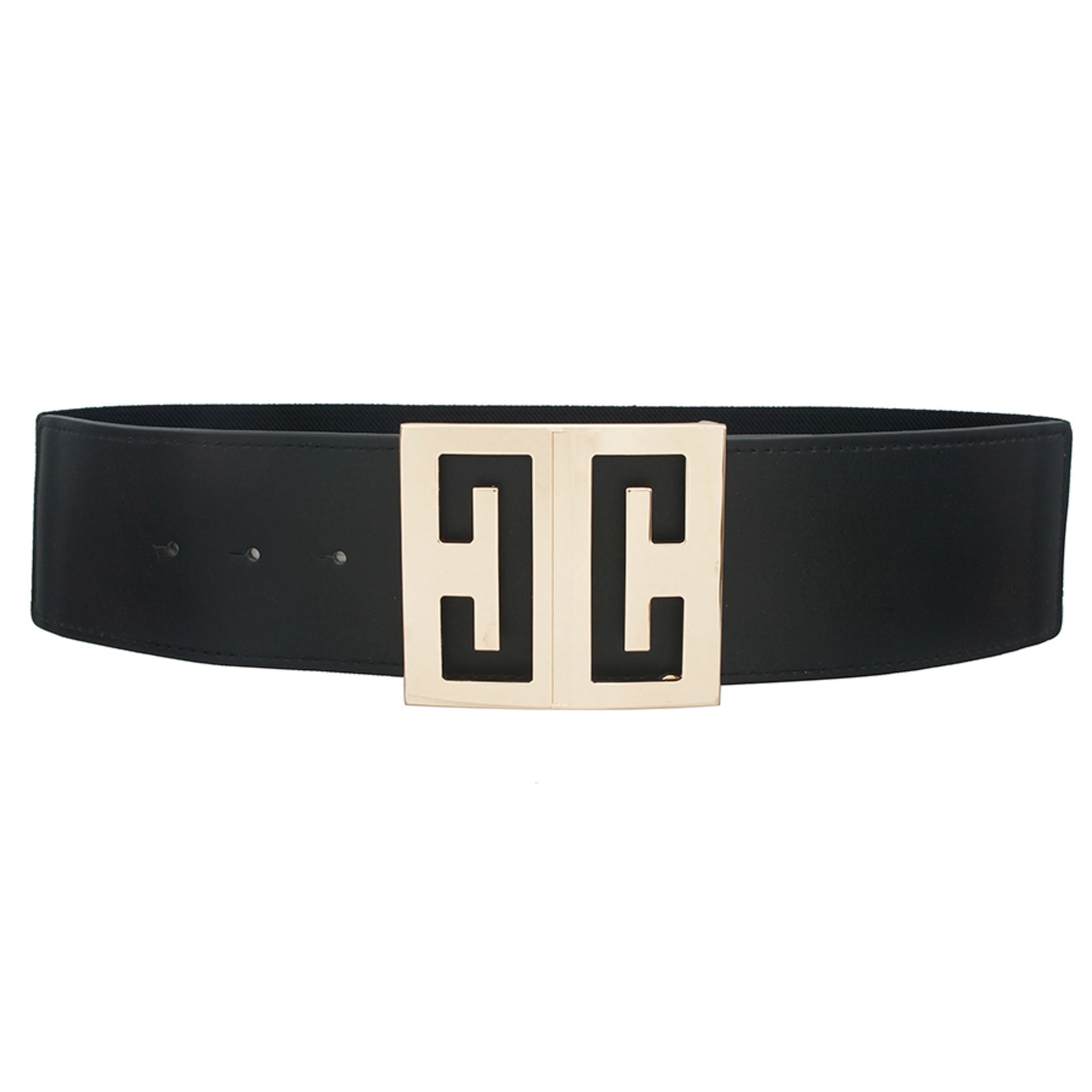Black mirror cut-out square buckle belt with gold-tone buckle