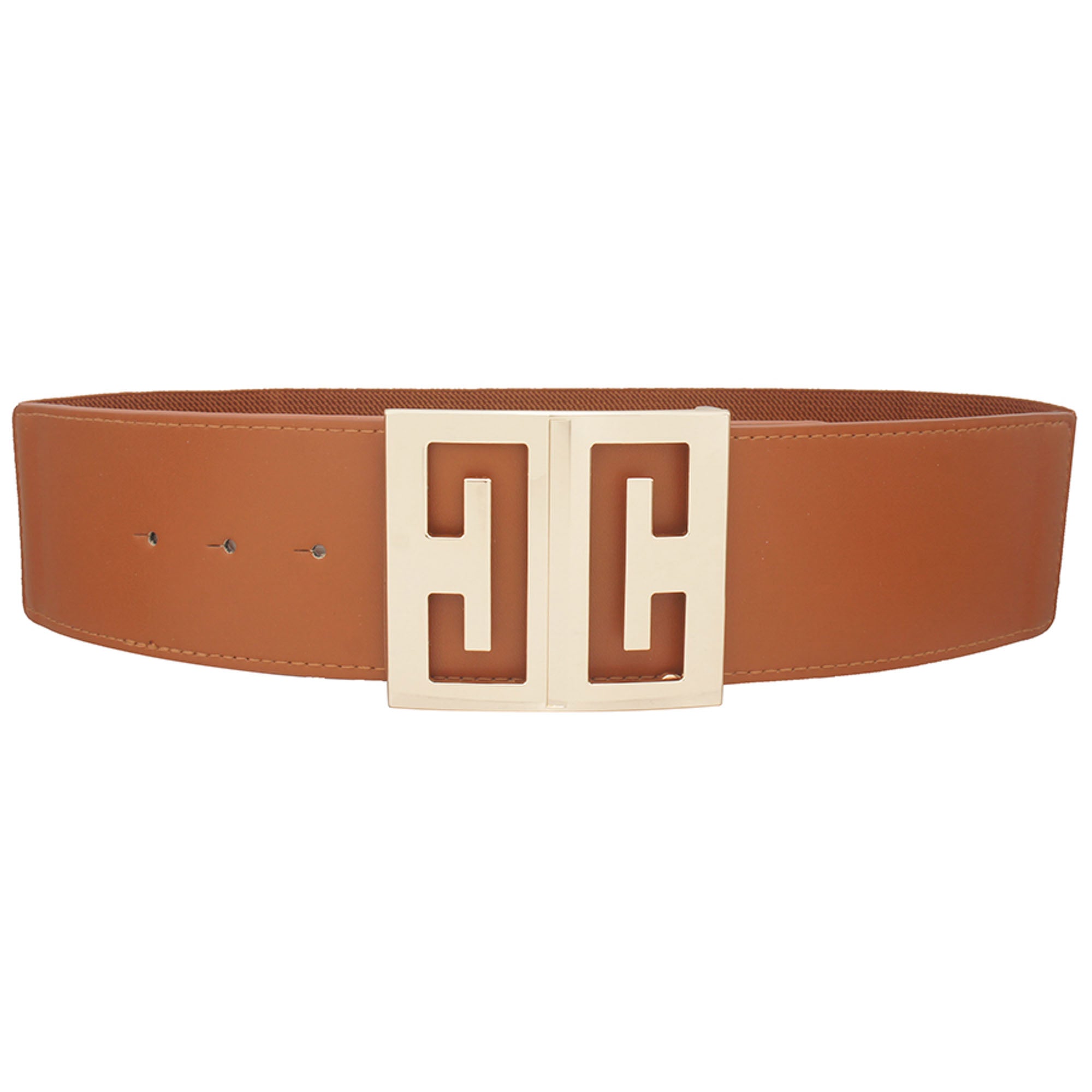 Cognac mirror cut-out square buckle belt with gold-tone buckle