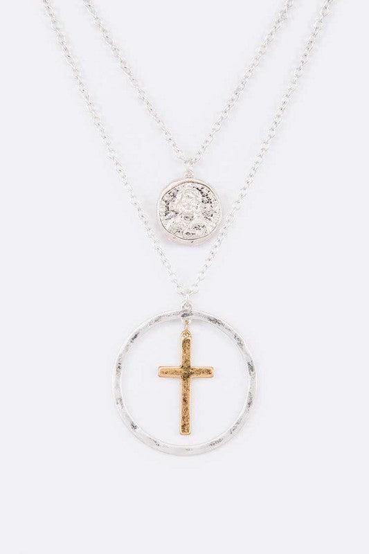 Mix Tone Cross Coin Pendant Necklace - Tigbul's Variety Fashion Shop