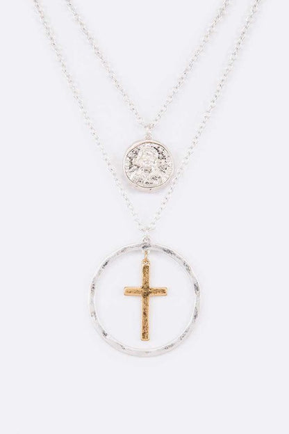 Mix Tone Cross Coin Pendant Necklace - Tigbul's Variety Fashion Shop
