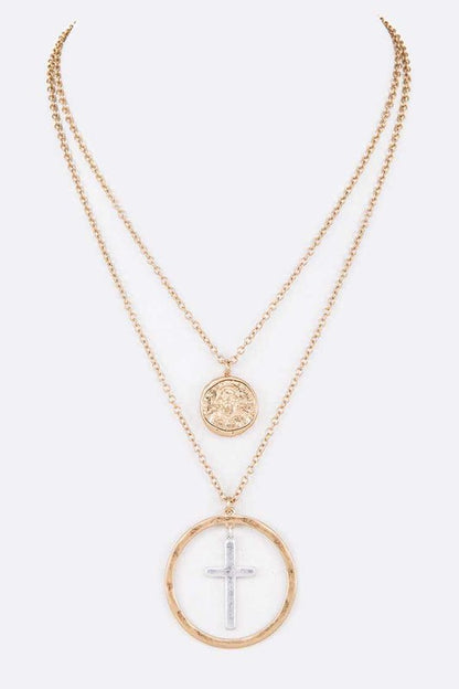 Mix Tone Cross Coin Pendant Necklace - Tigbul's Variety Fashion Shop