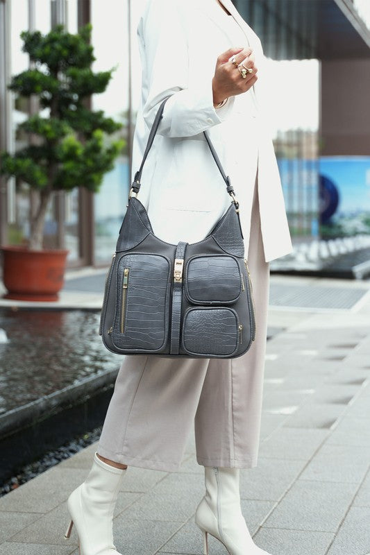 Daphne hobo shoulder bag in dark charcoal with gold zippers and front pockets