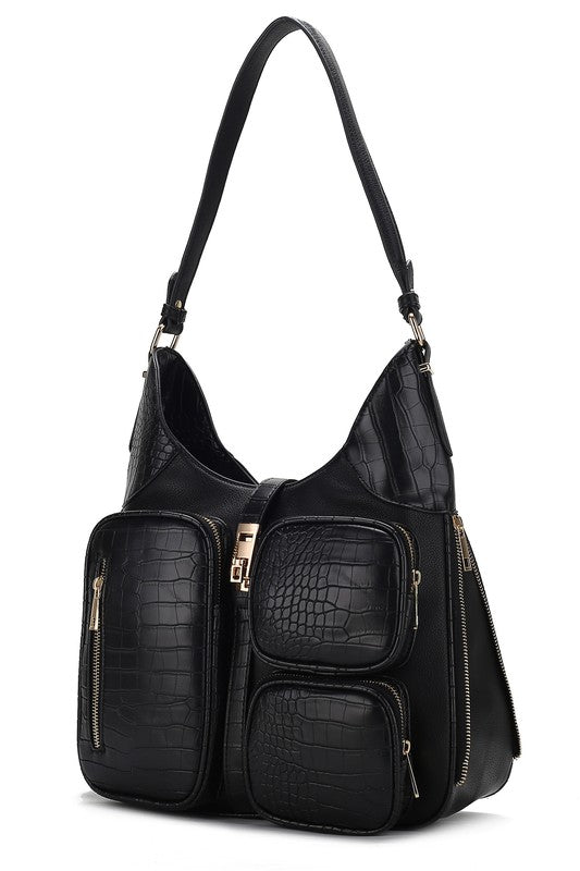 Daphne Hobo-Schultertasche, schwarz, mit Magnetklappe und mehreren Frontfächern