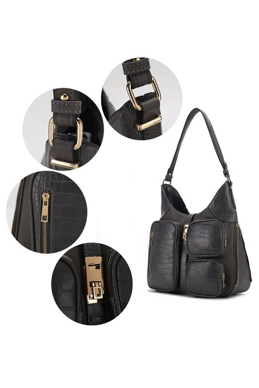 Daphne Hobo-Schultertasche, dunkelgrau, Details: Gurtverschluss, Zipper und Taschen