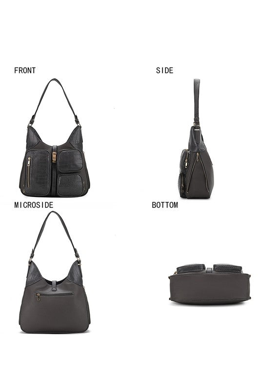 Daphne Hobo-Schultertasche, dunkelgrau: Front-, Seiten- und Bodenansicht mit Taschen