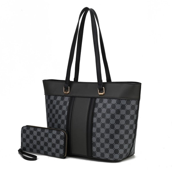 Fabiola tote bag set in dark pattern with matching wristlet pouch and top handles