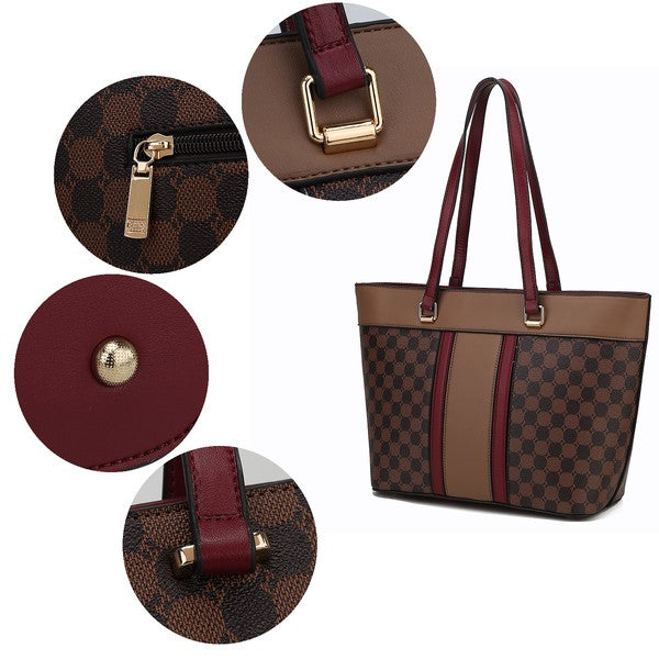 Fabiola tote bag detail view: gold-tone hardware, zip wristlet, and handle at top