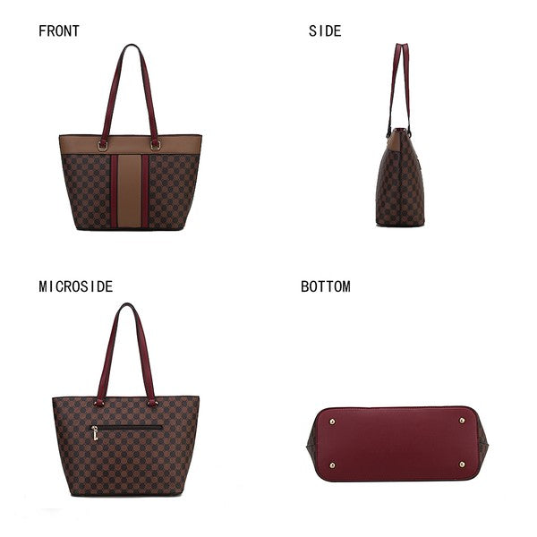 Fabiola tote bag views: front, side, micro side, bottom, with matching wristlet pouch