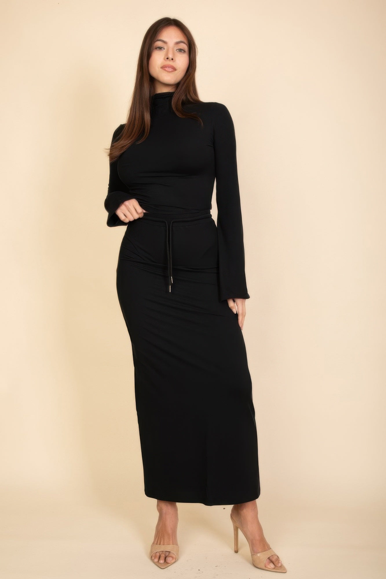Black mock-neck crop top and maxi skirt set, drawstring waist detail