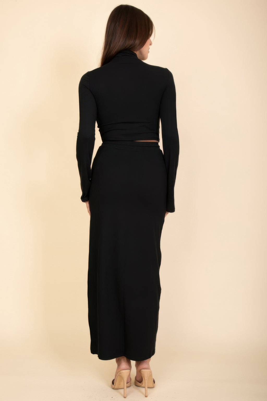 Black back view: mock-neck crop top and long maxi skirt with drawstring