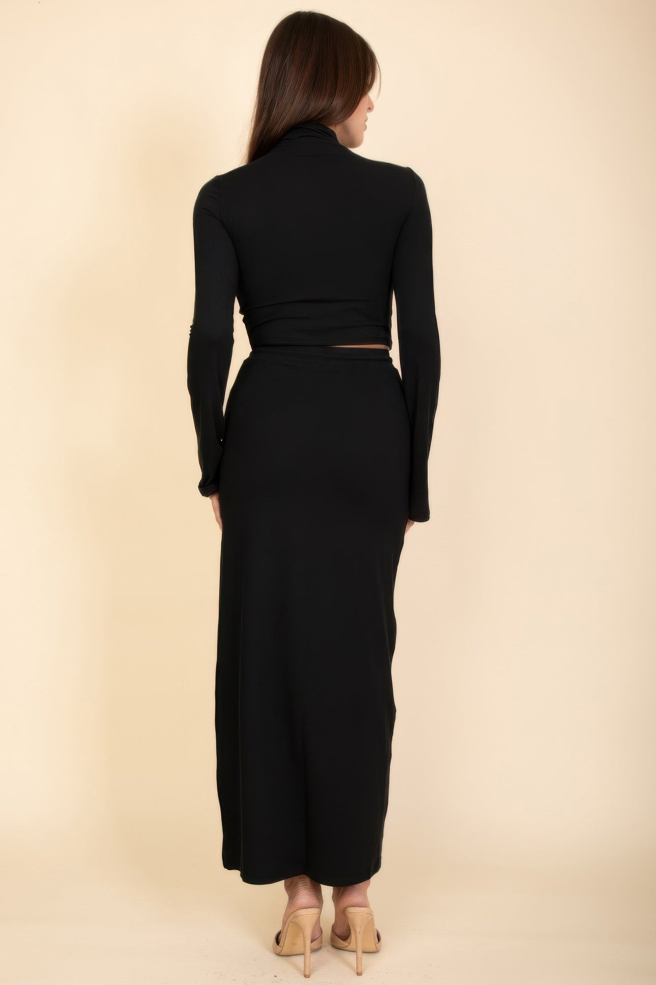 Black back view: mock-neck crop top and long maxi skirt with drawstring