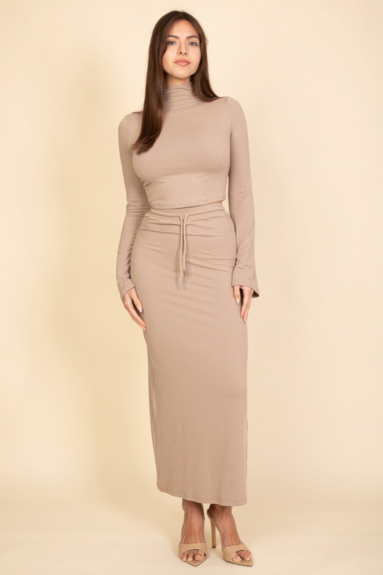 Taupe mock-neck crop top and maxi skirt set, drawstring waist detail