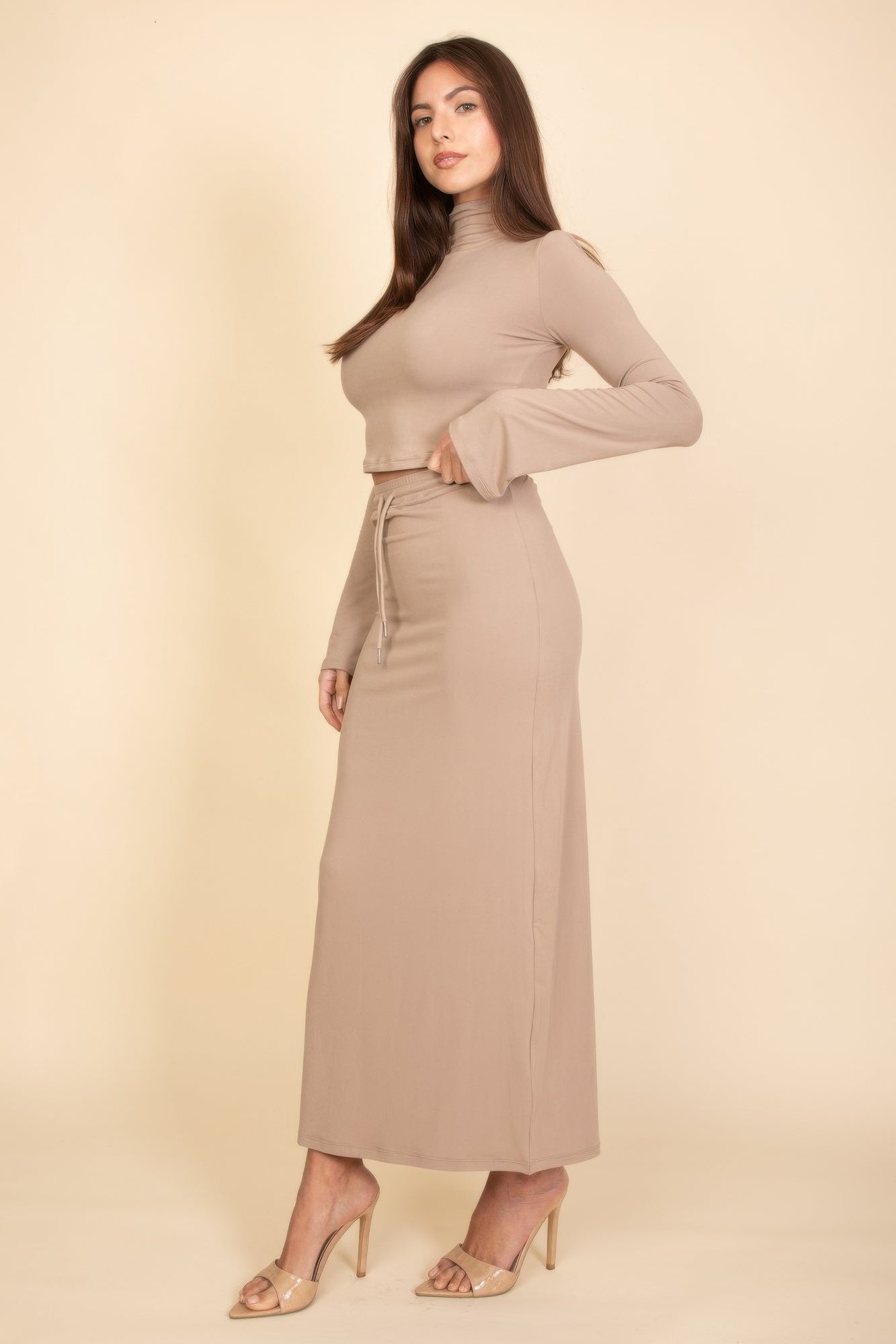 Taupe mock-neck crop top and maxi skirt set, long straight skirt silhouette