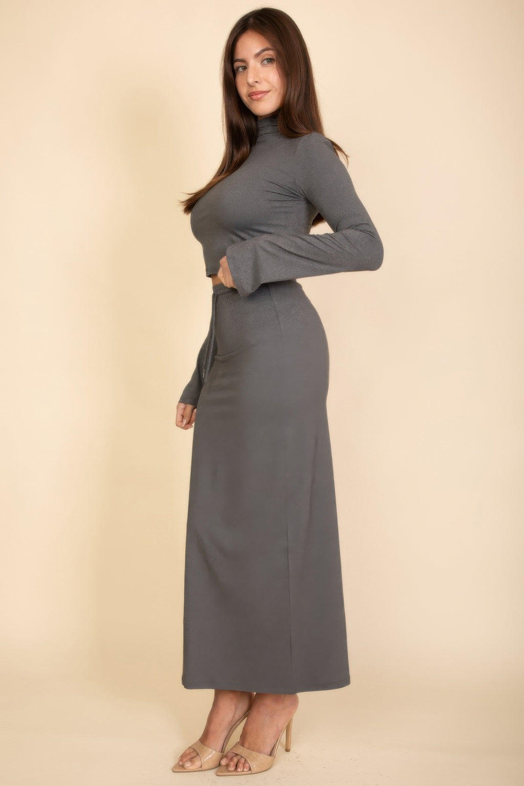 Heather grey mock-neck crop top and long-sleeve maxi skirt, side view