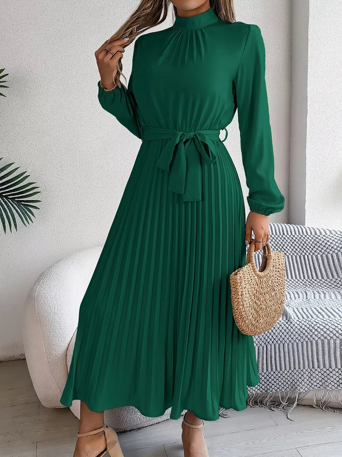 Mock Neck Pleated Midi Dress - Tigbul's Variety Fashion Shop