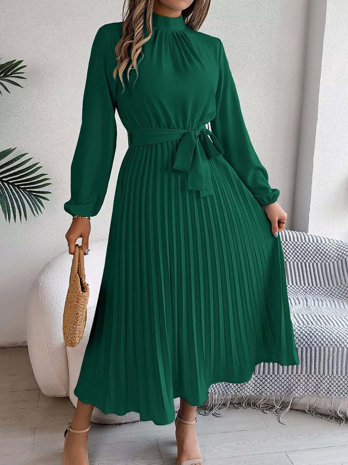 Mock Neck Pleated Midi Dress - Tigbul's Variety Fashion Shop