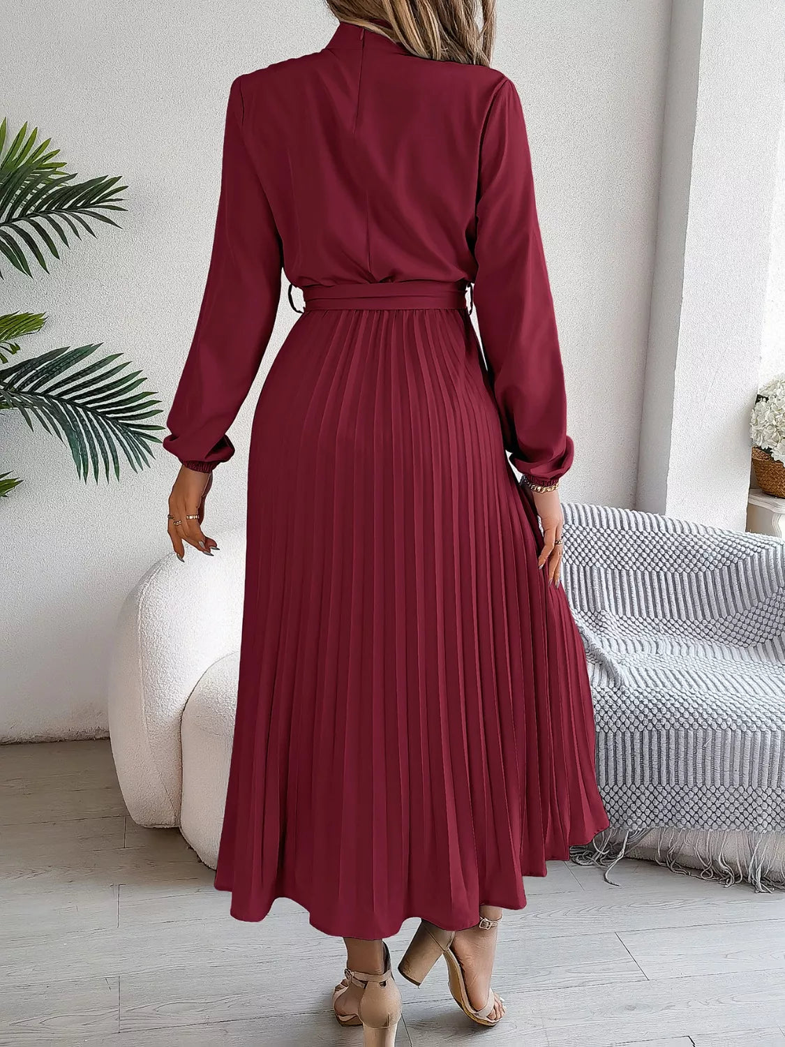 Mock Neck Pleated Midi Dress - Tigbul's Variety Fashion Shop
