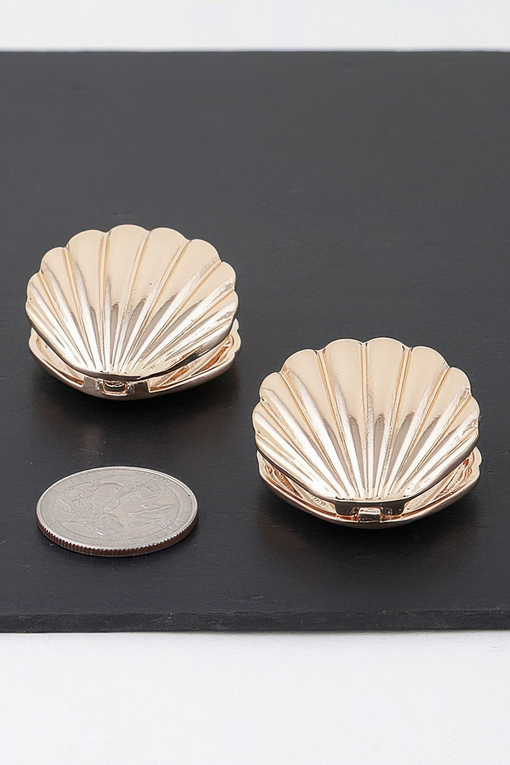 Modern clam shell earrings, gold-tone oval studs with ridged shell detail