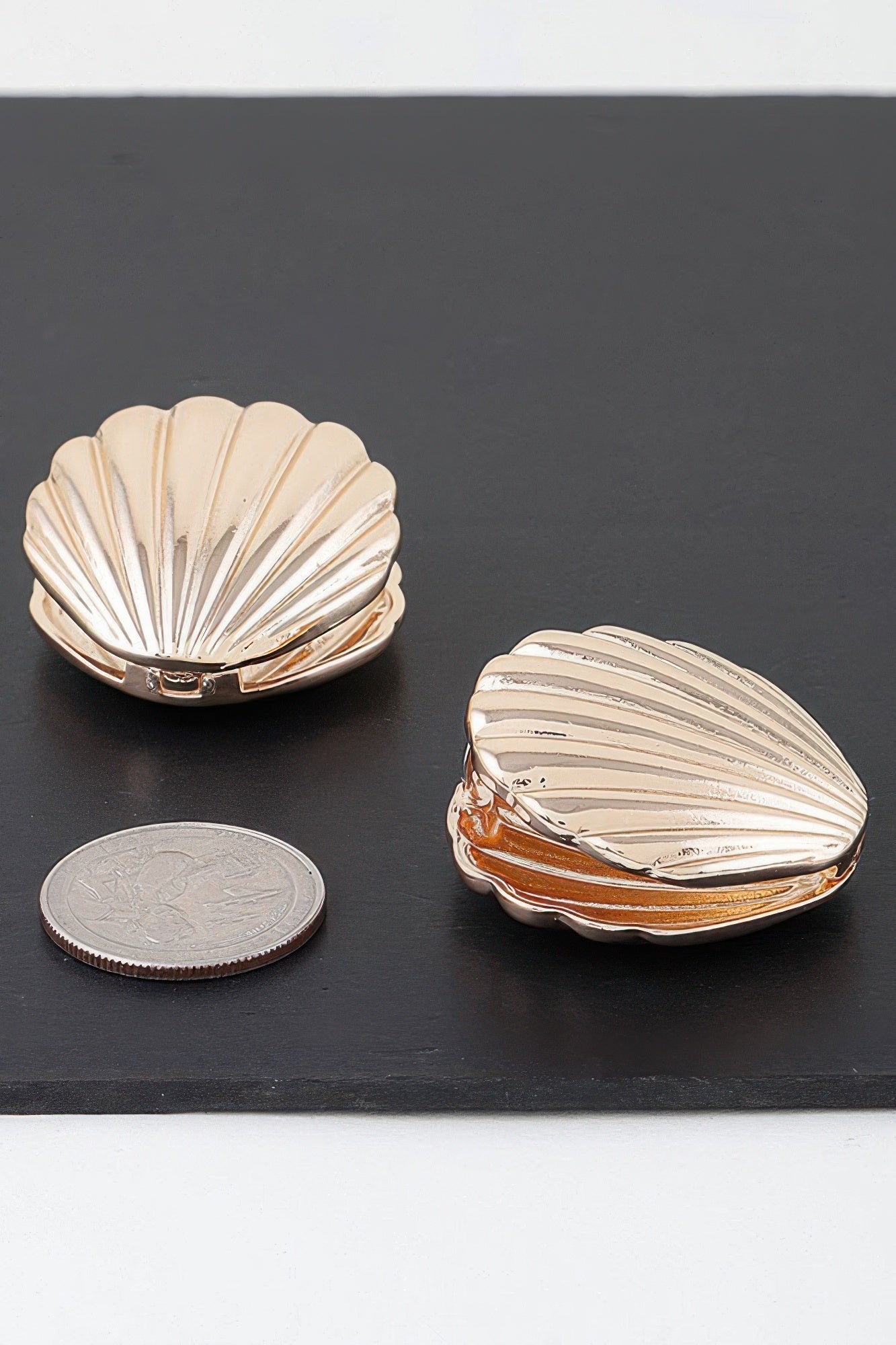 Gold-tone clam shell earrings with ridged outer shell, side view