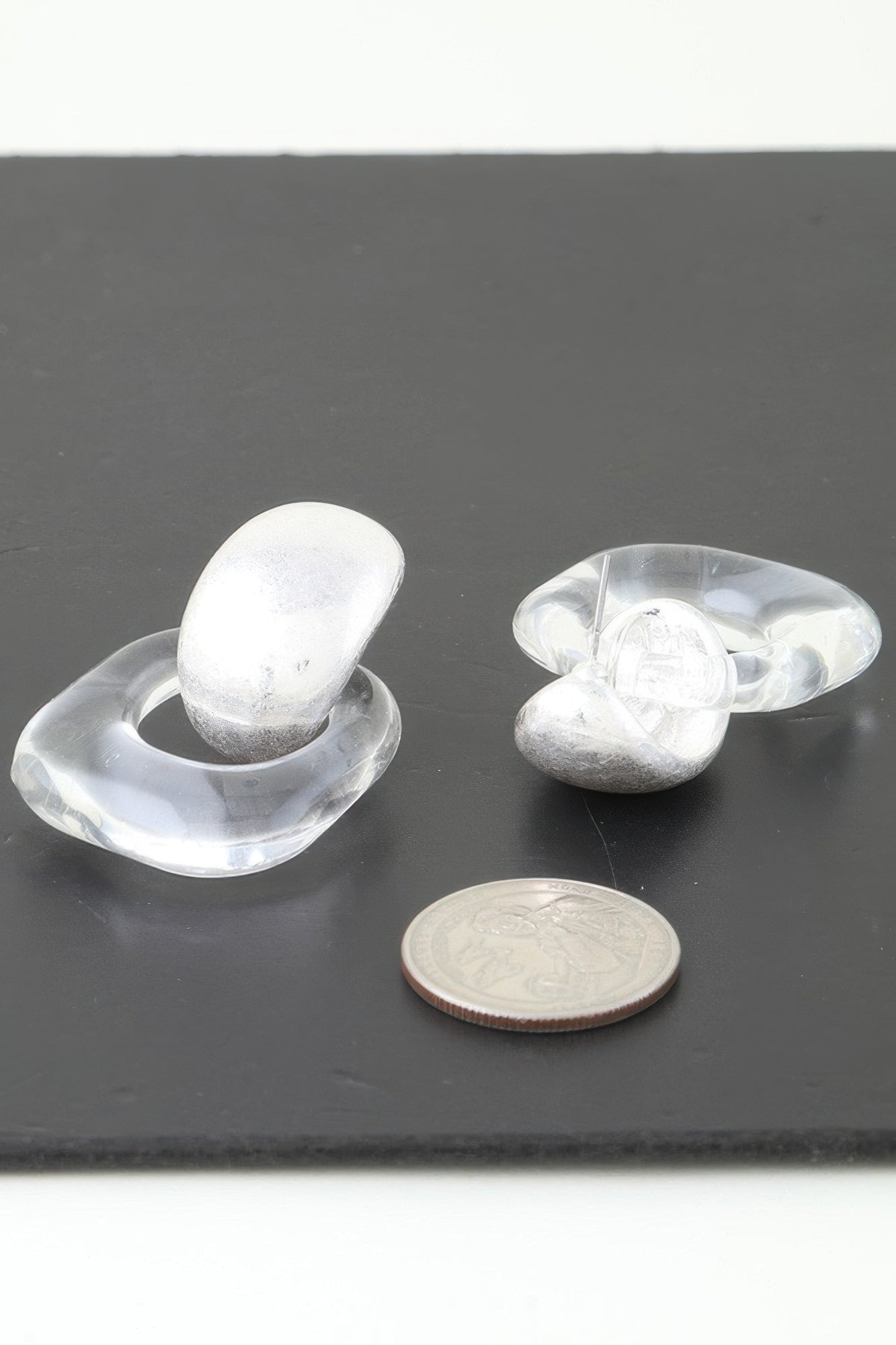 Silver drop earrings, oval silver studs in clear rounded acrylic settings